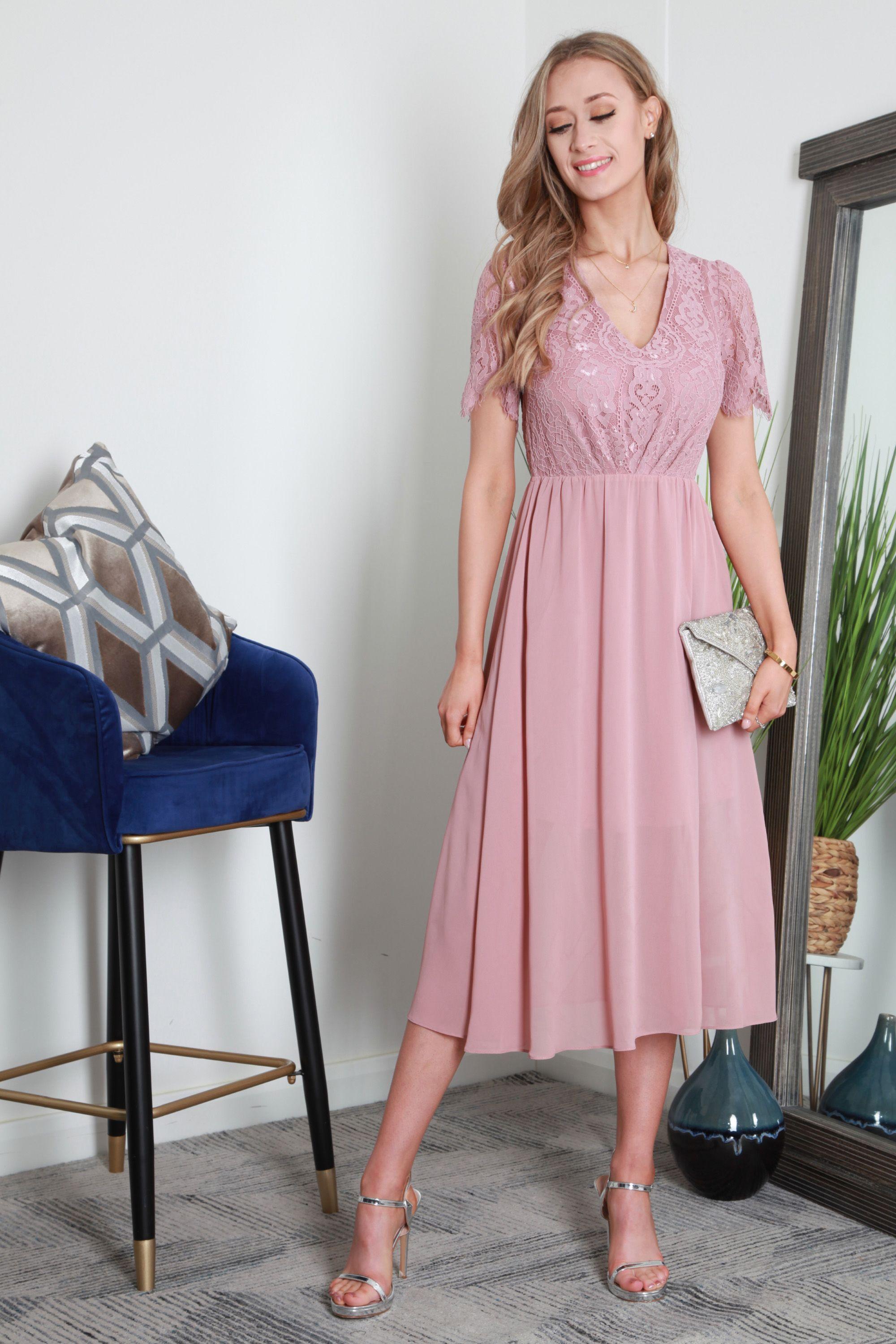 Scallop Lace V-Neck Split Hem Chiffon Midi Dress by DOUBLE SECOND Scallop Lace V-Neck Split Hem Chiffon Midi Dress by DOUBLE SECOND