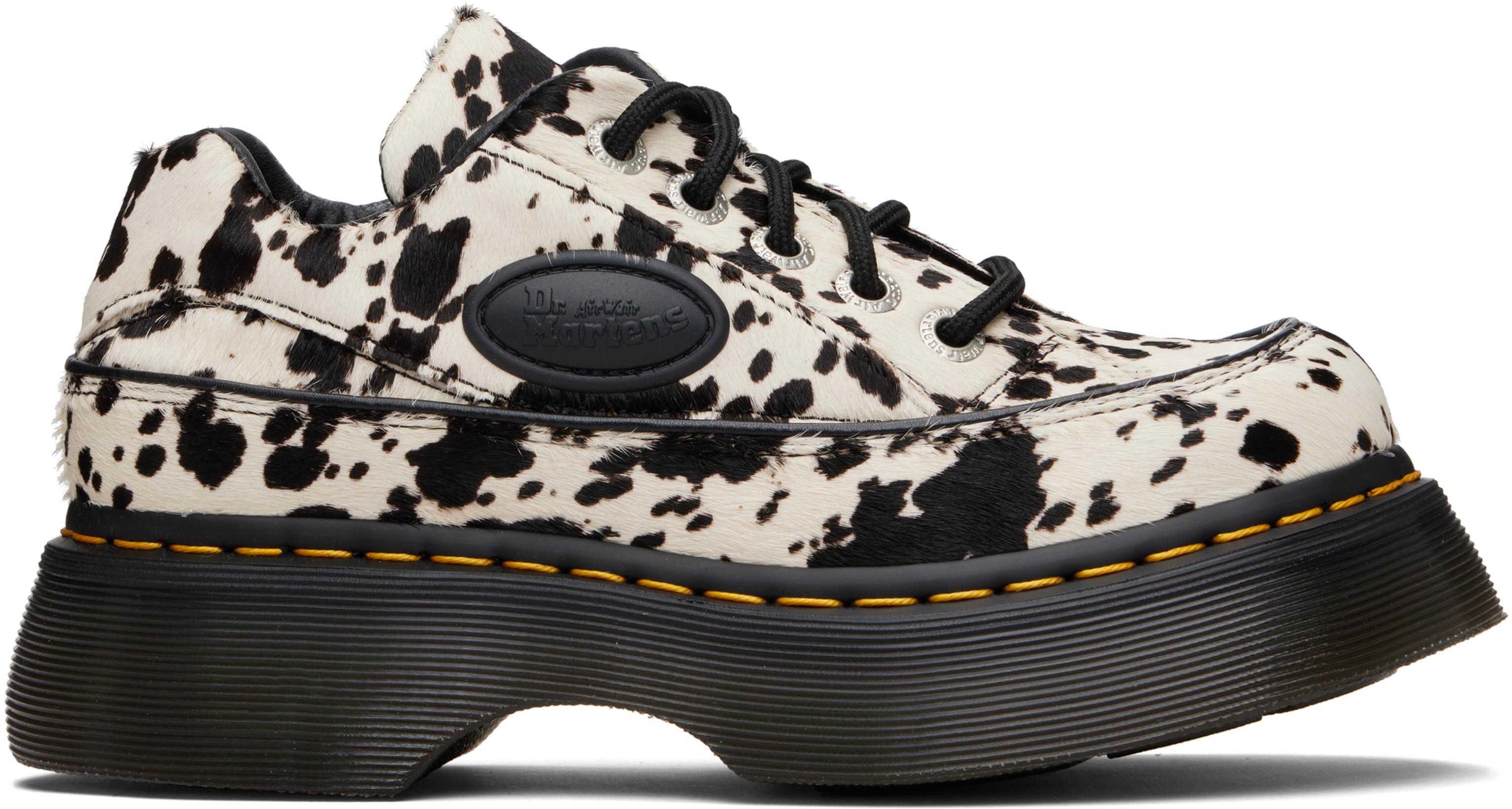 Black & White Buzz 5-Eye Dalmatian Hair On Leather Derbys by DR. MARTENS