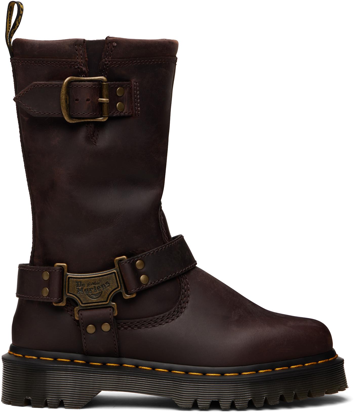Brown Anistone Hi Leather Biker Boots by DR. MARTENS