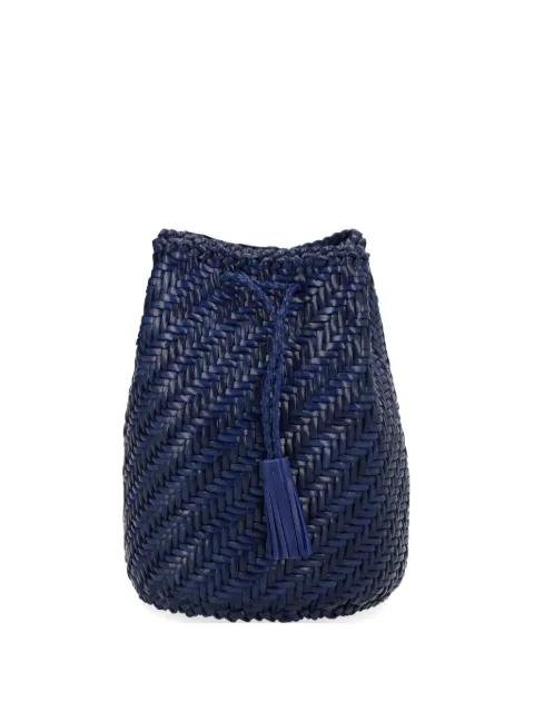 Pompom Double Jump Tan woven clutch bag by DRAGON DIFFUSION