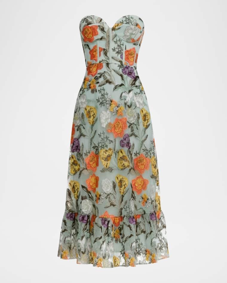 Carina Floral Embroidered Strapless Bustier Midi Dress by DRESS THE POPULATION BLACK LABEL