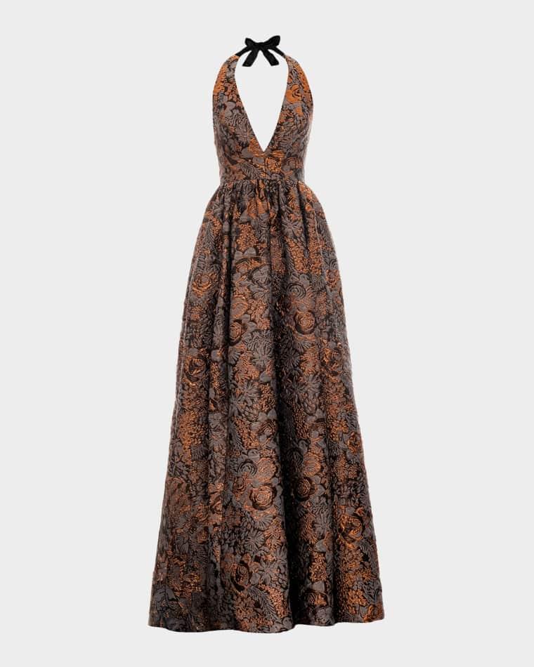 Christina Metallic Floral Jacquard Halter Gown by DRESS THE POPULATION BLACK LABEL