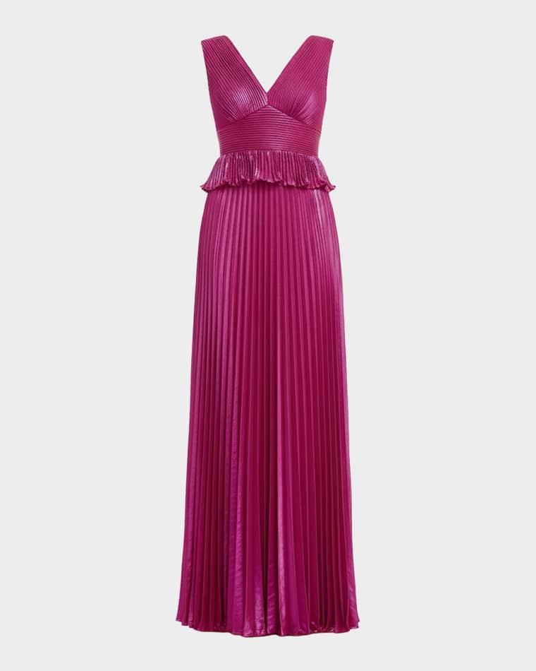 Liliana Pleated Metallic Satin Peplum Gown by DRESS THE POPULATION BLACK LABEL