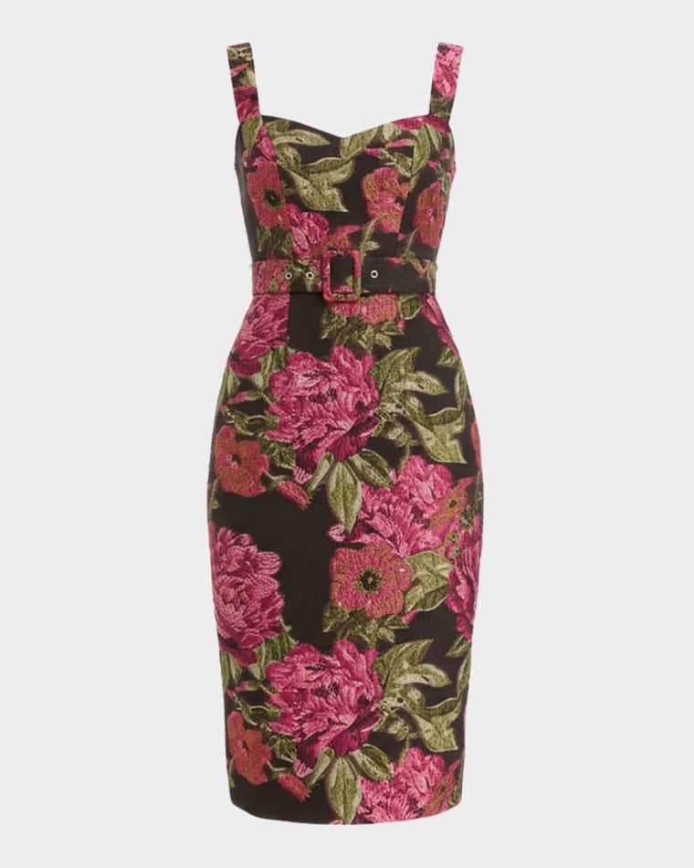 Nicole Belted Floral Organza Jacquard Midi Dress by DRESS THE POPULATION BLACK LABEL