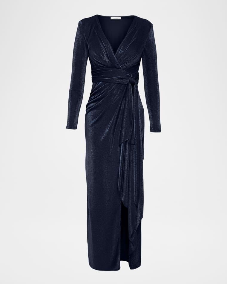 Shania Tie-Waist Shimmer Column Gown by DRESS THE POPULATION BLACK LABEL
