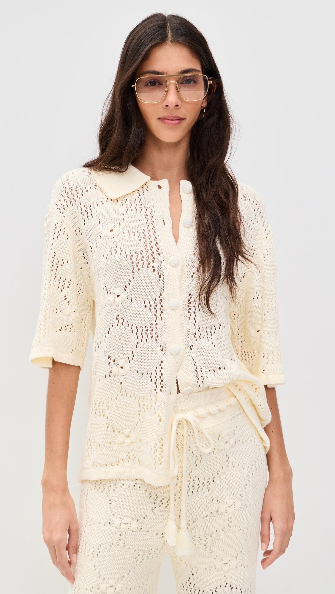 Floral Crochet Short Sleeve Shirt by DRESS TO