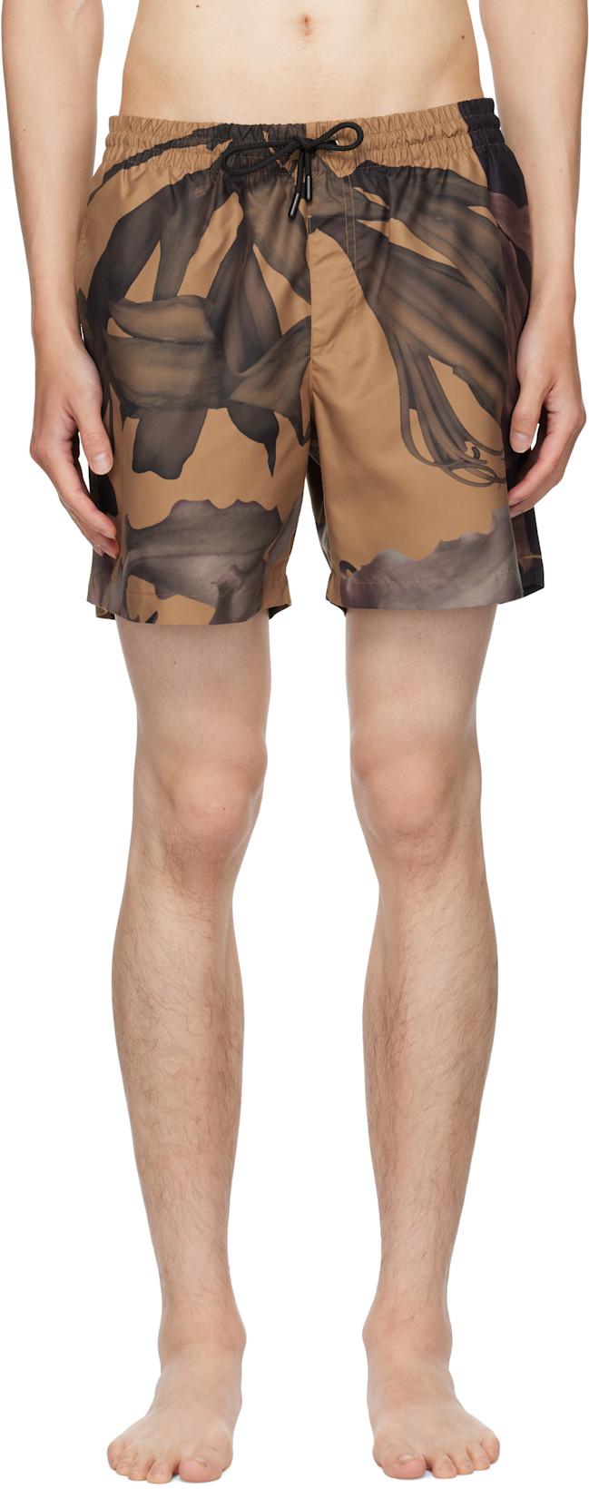 Beige & Brown Patterned Swim Shorts by DRIES VAN NOTEN