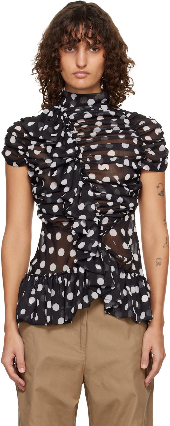 Black Fitted Gathered High-Neck Blouse by DRIES VAN NOTEN
