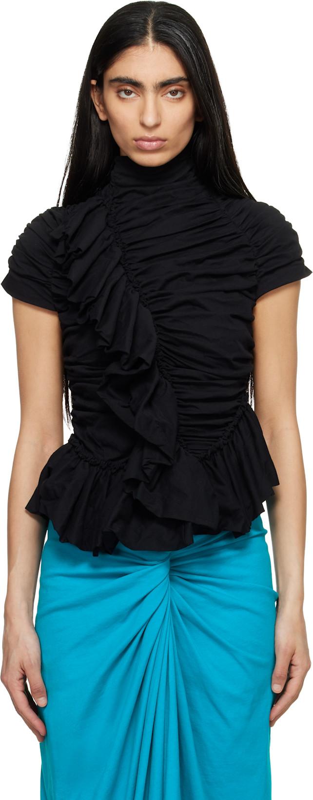 Black Fitted Gathered High-Neck Blouse by DRIES VAN NOTEN