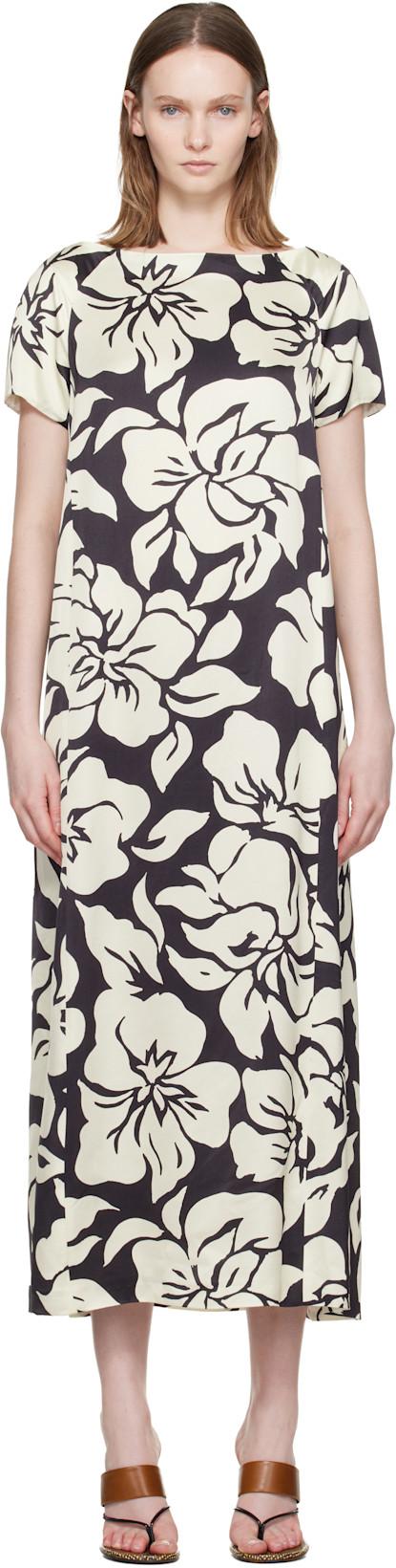 Black & Off-White Floral Midi Dress by DRIES VAN NOTEN