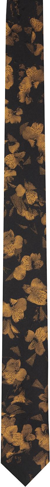 Black & Yellow Printed Narrow Silk Tie by DRIES VAN NOTEN