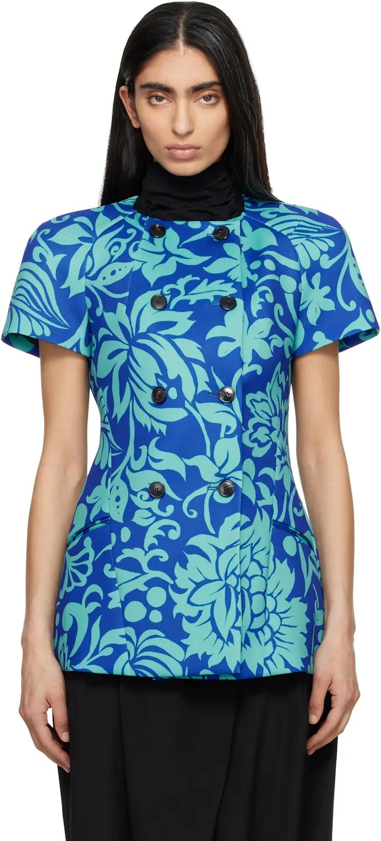 Blue Fitted Double Breasted Jacket by DRIES VAN NOTEN