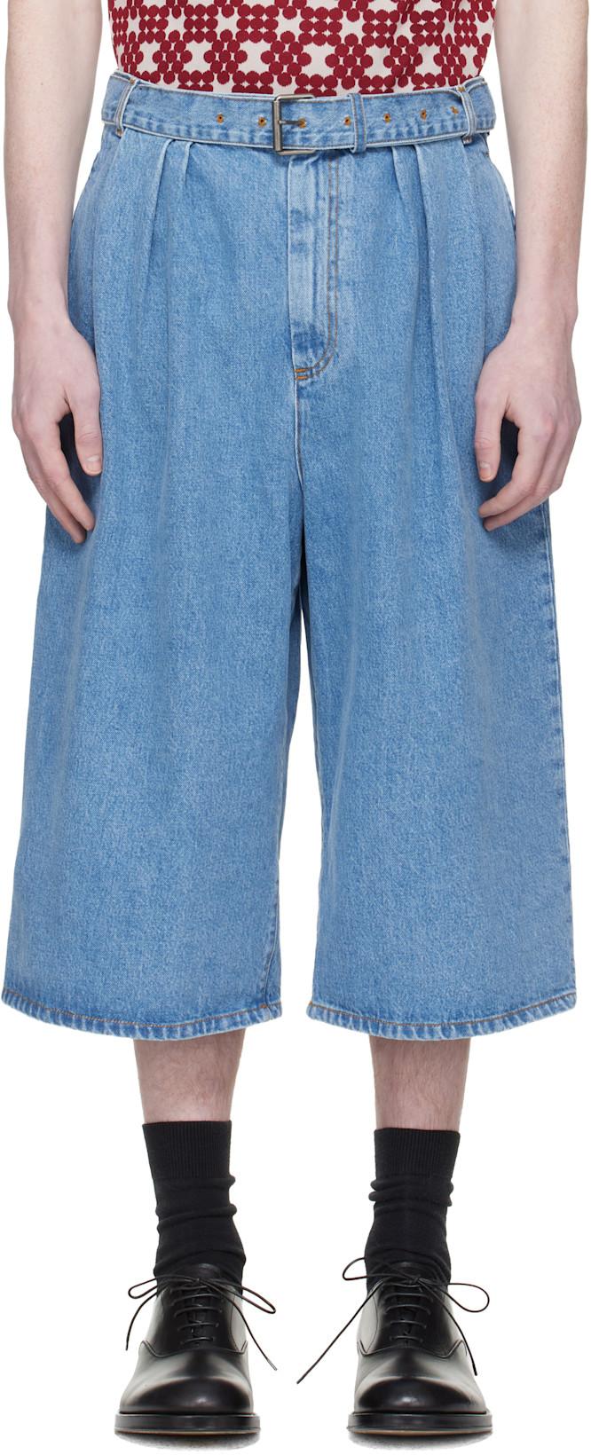 Blue Pleated Denim Shorts by DRIES VAN NOTEN