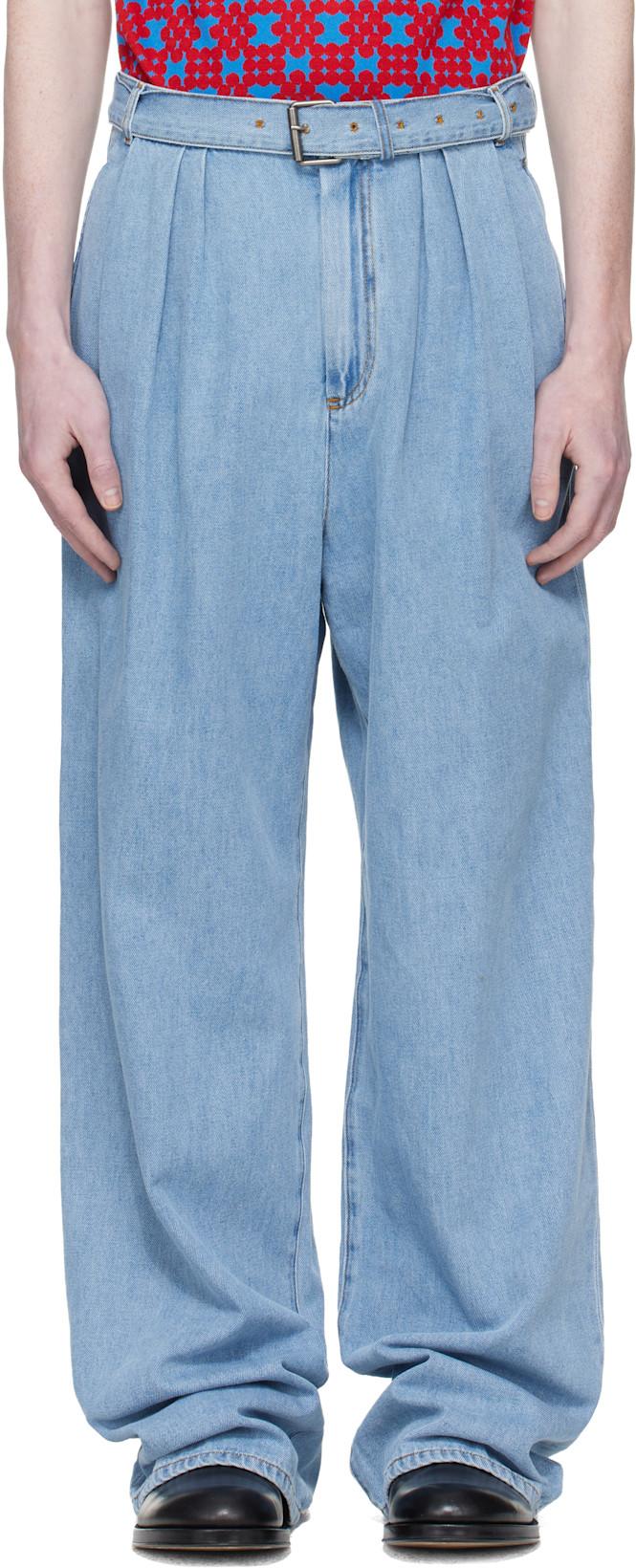 Blue Pleated Jeans by DRIES VAN NOTEN