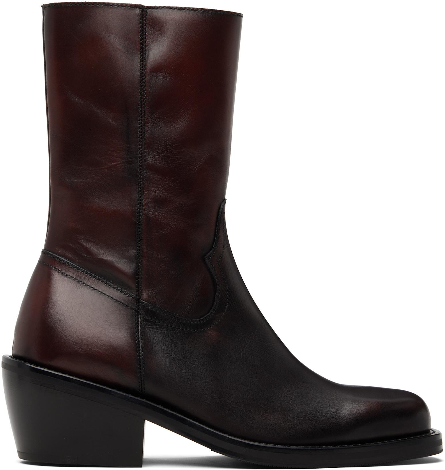 Brown High Leather Boots by DRIES VAN NOTEN
