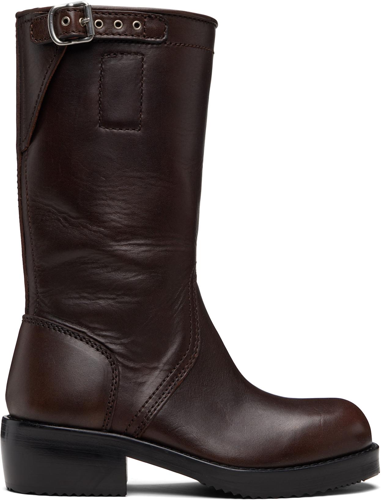 Brown Leather Biker Boots by DRIES VAN NOTEN