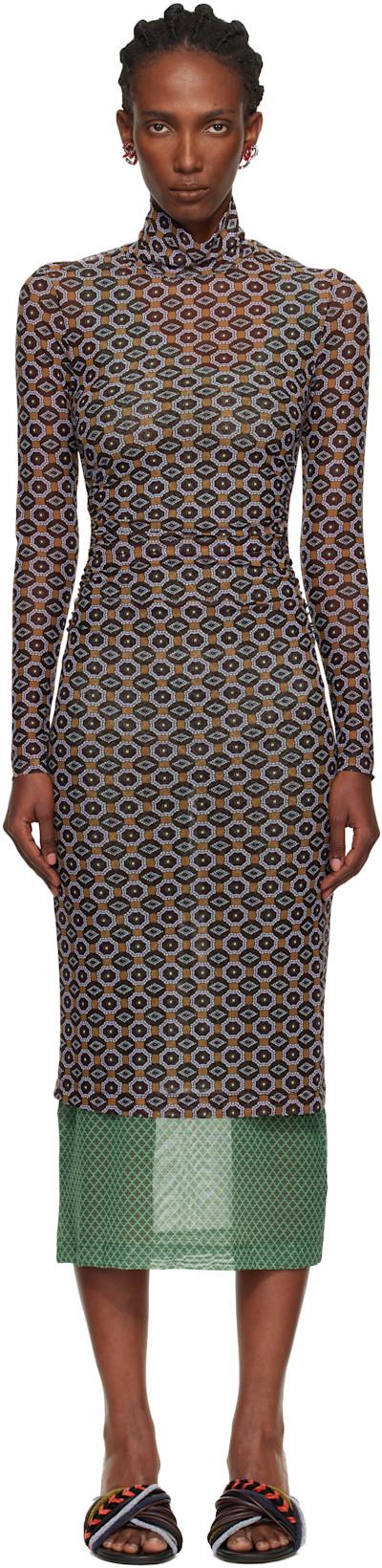 Brown & Green Transparent Mesh Midi Dress by DRIES VAN NOTEN