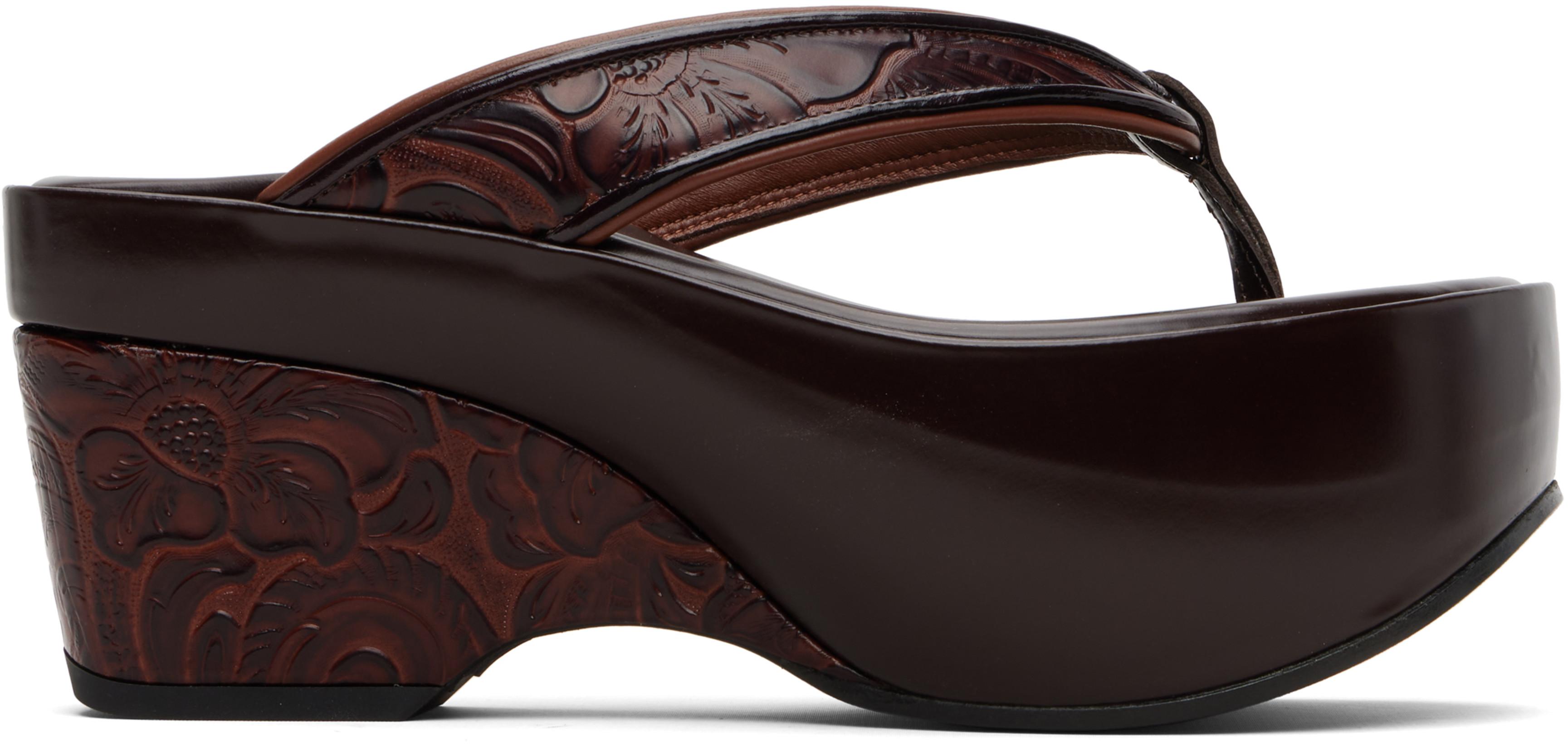 Burgundy Platform Thong Heeled Sandals by DRIES VAN NOTEN