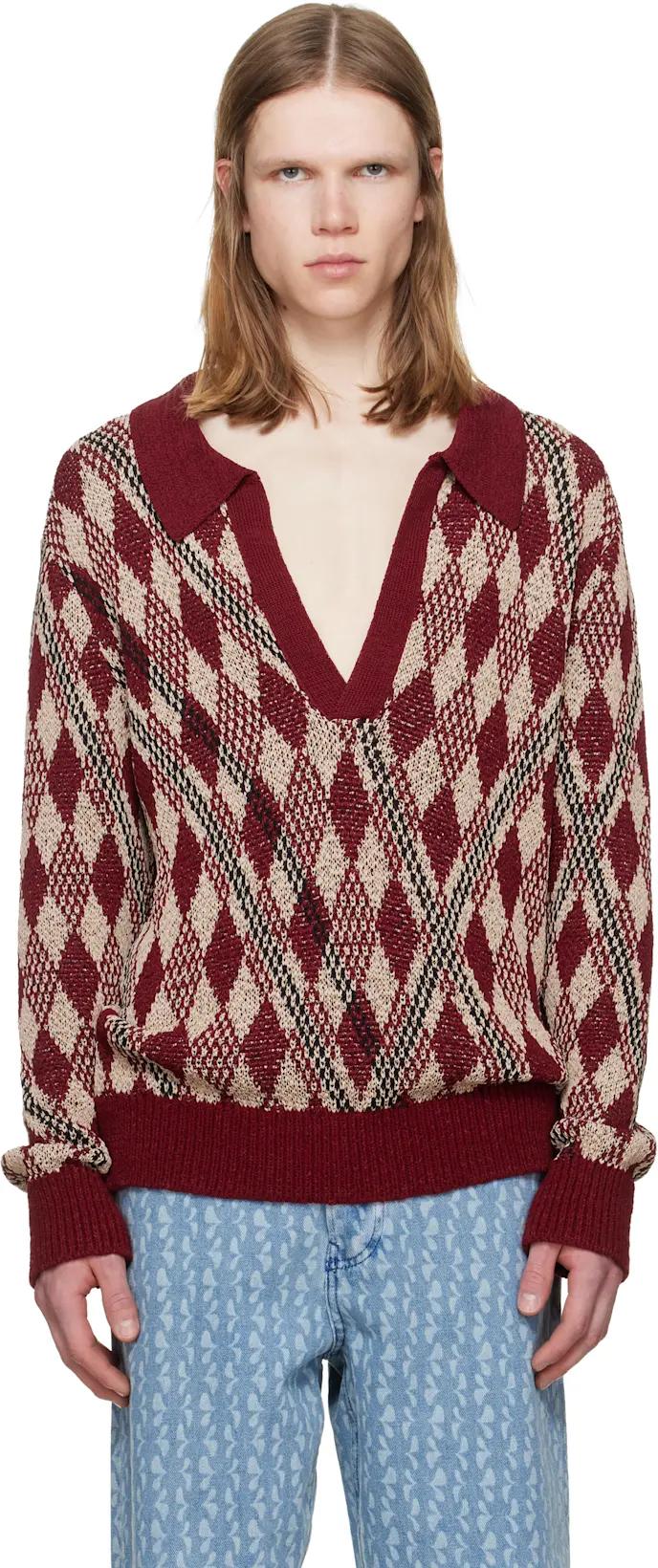 Burgundy & Beige Argyle Polo by DRIES VAN NOTEN