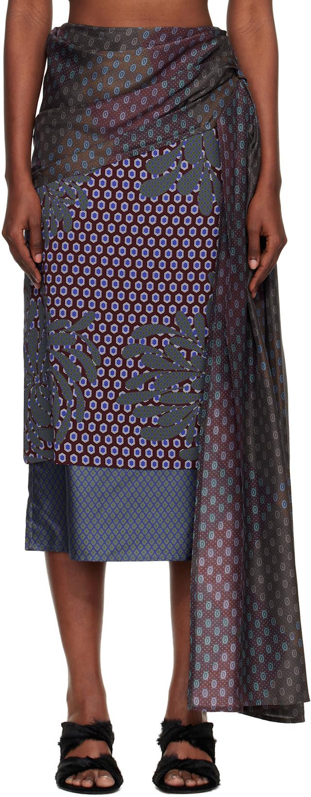 Burgundy & Green Layered Tie Motif Midi Skirt by DRIES VAN NOTEN