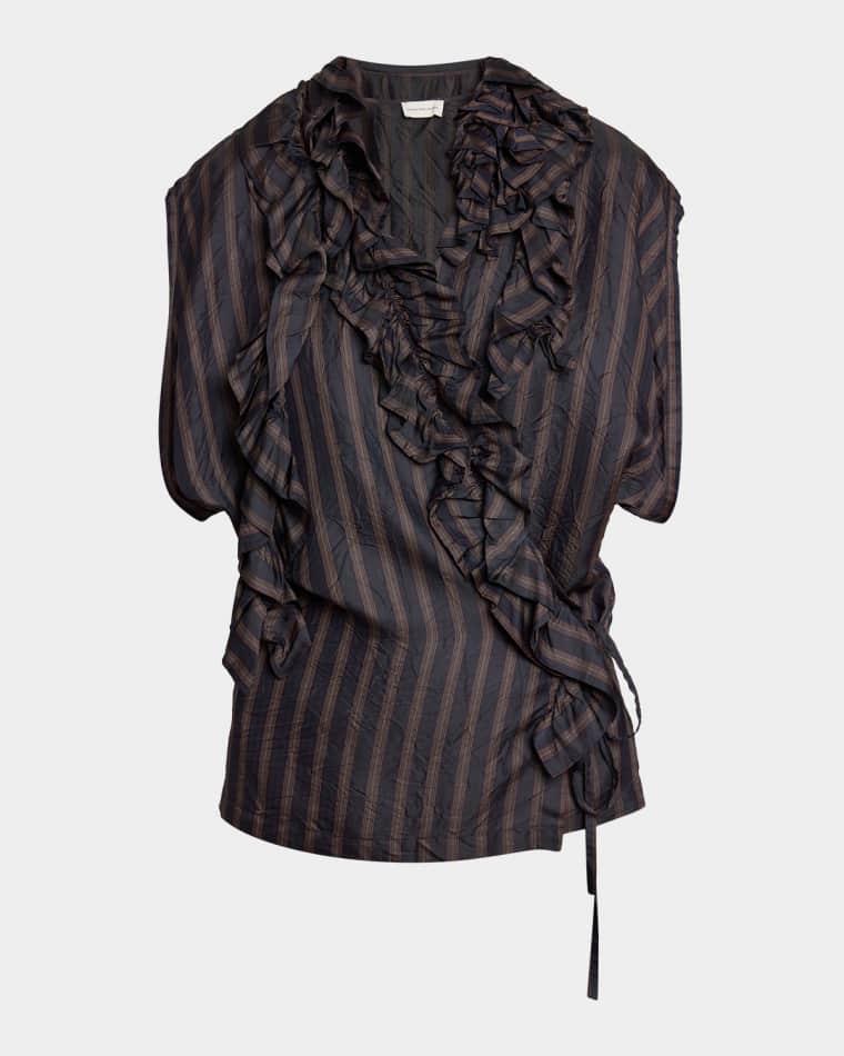 Clematis Striped Ruffle Cap-Sleeve Wrap Top by DRIES VAN NOTEN
