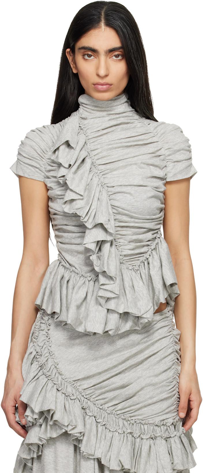 Gray Fitted Gathered High-Neck Blouse by DRIES VAN NOTEN