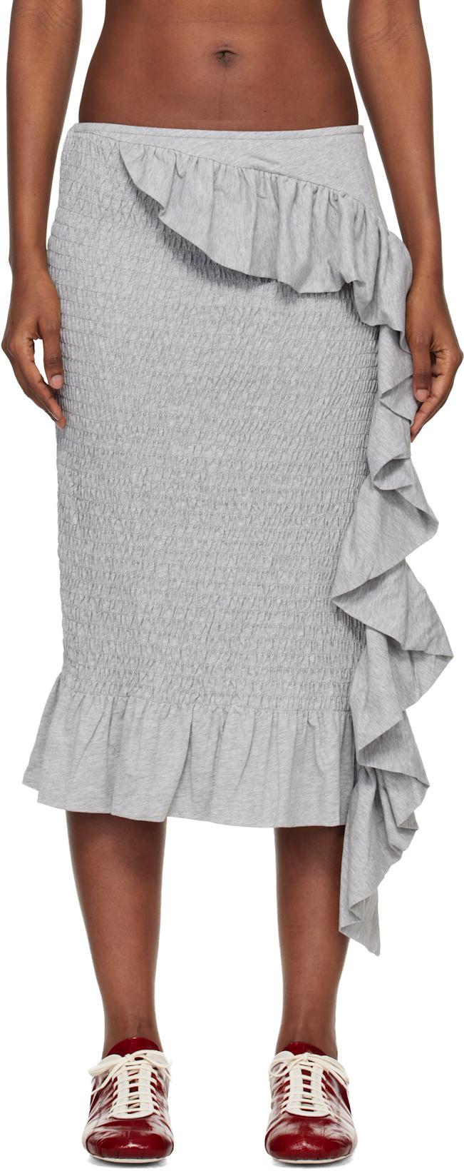 Gray Shirred Ruffle Midi Skirt by DRIES VAN NOTEN