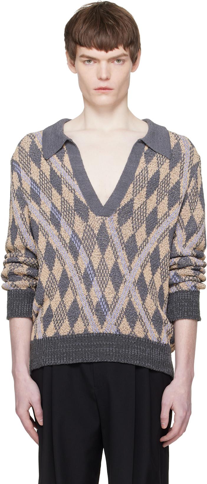Gray & Beige Knit Polo by DRIES VAN NOTEN