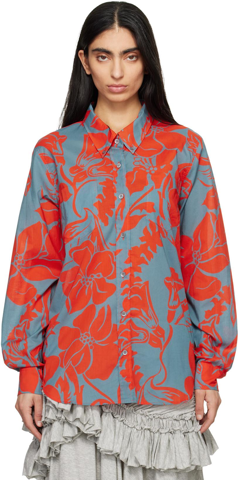 Gray & Orange Voile Floral Print Shirt by DRIES VAN NOTEN
