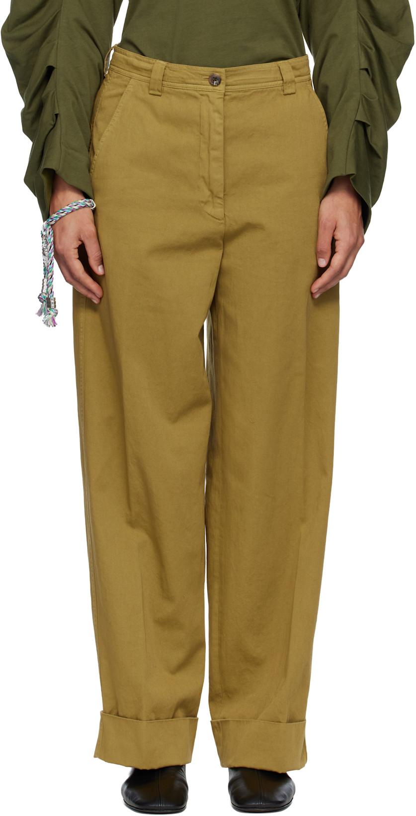 Khaki Cuffed Cotton Trousers by DRIES VAN NOTEN