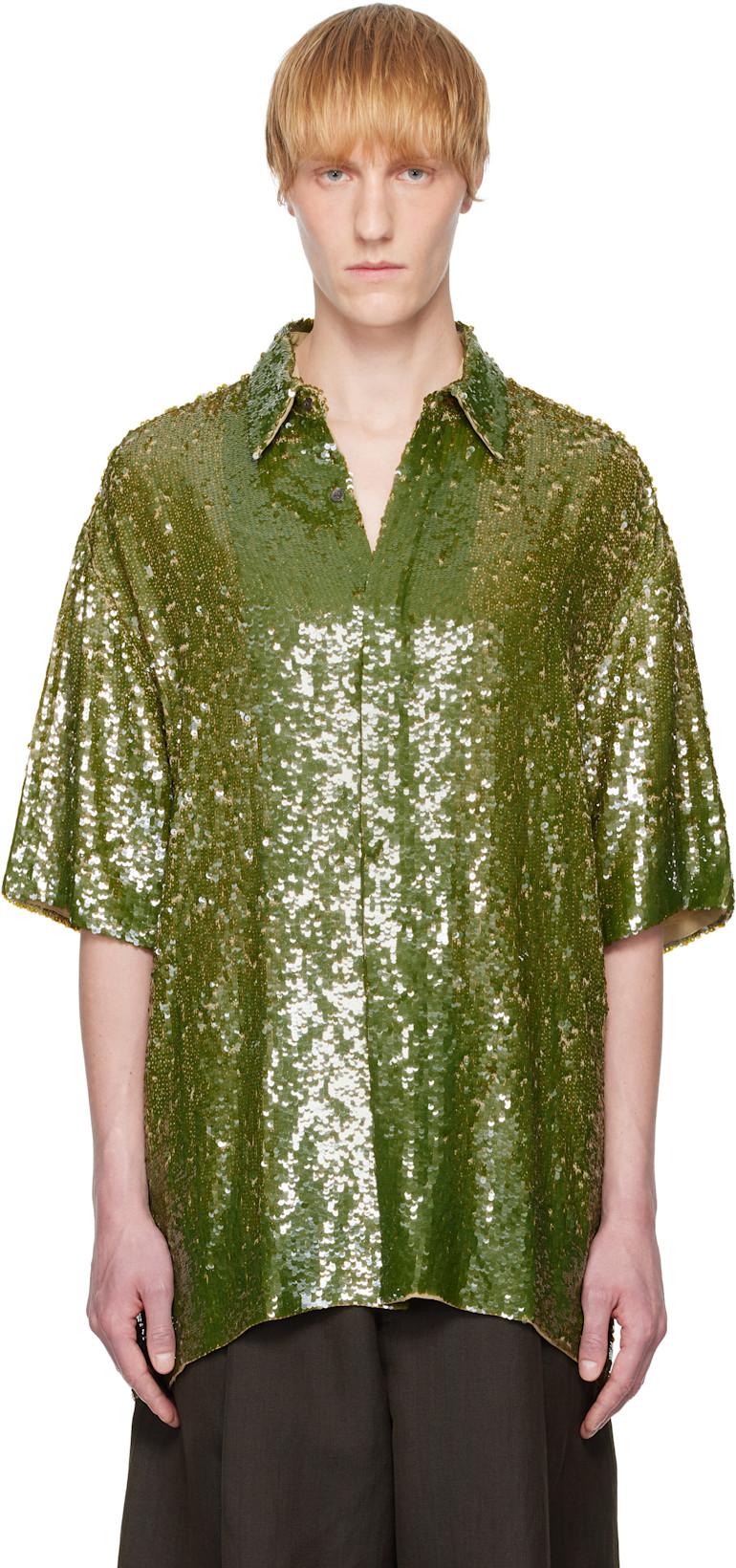 Khaki Sequin Shirt by DRIES VAN NOTEN