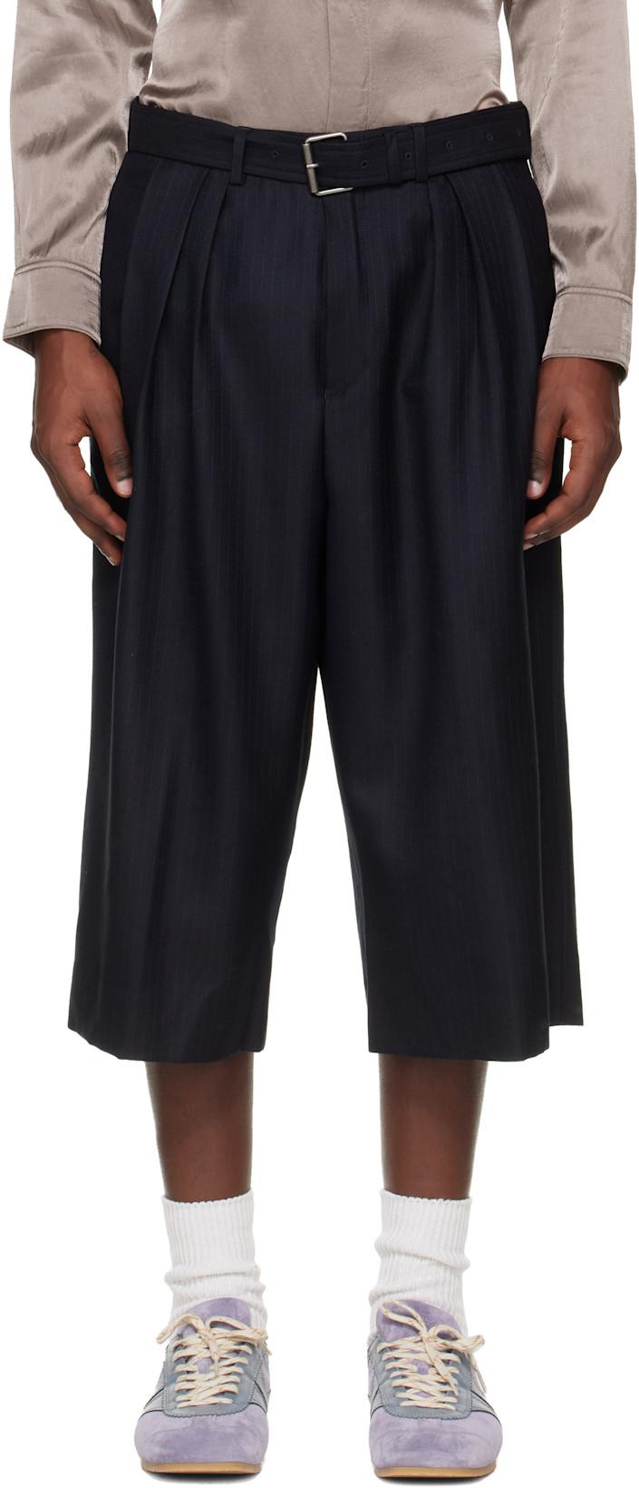 Navy Belted Light Wool Shorts by DRIES VAN NOTEN