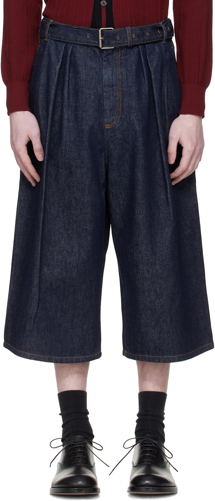 Navy Pleated Denim Shorts by DRIES VAN NOTEN