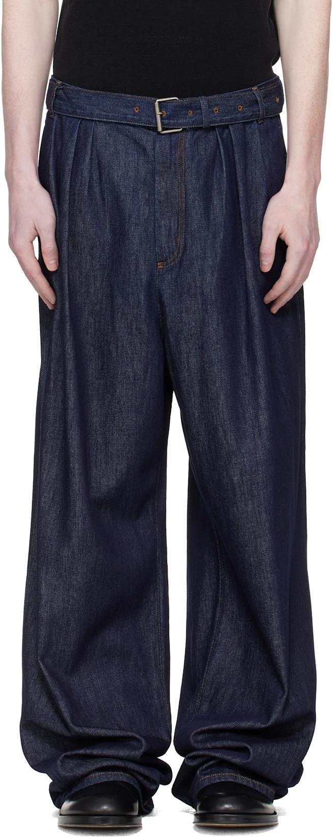 Navy Pleated Jeans by DRIES VAN NOTEN