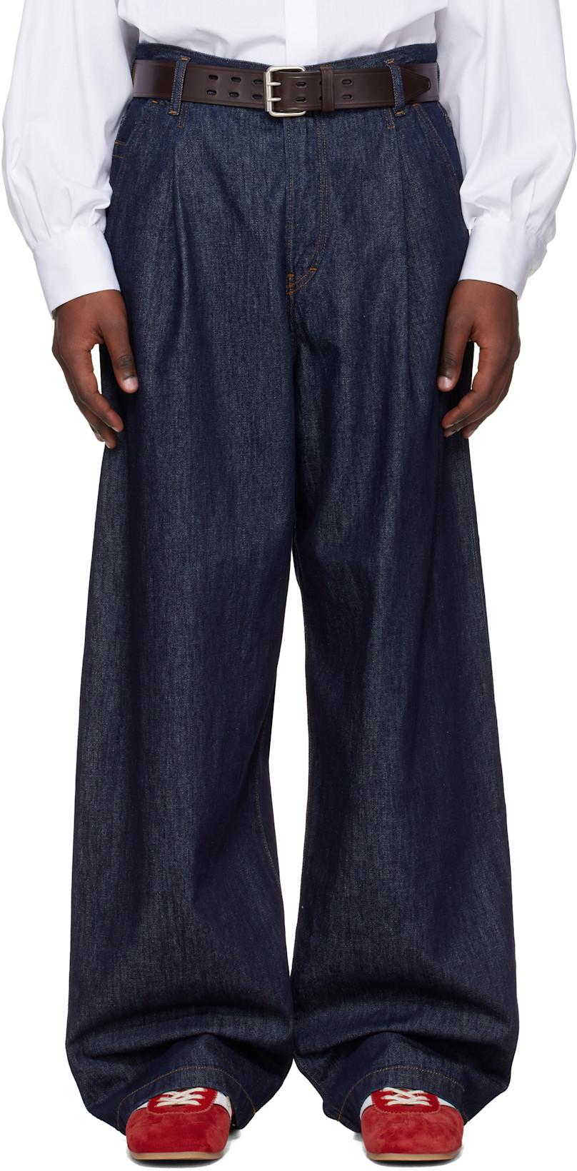 Navy Pleated Jeans by DRIES VAN NOTEN