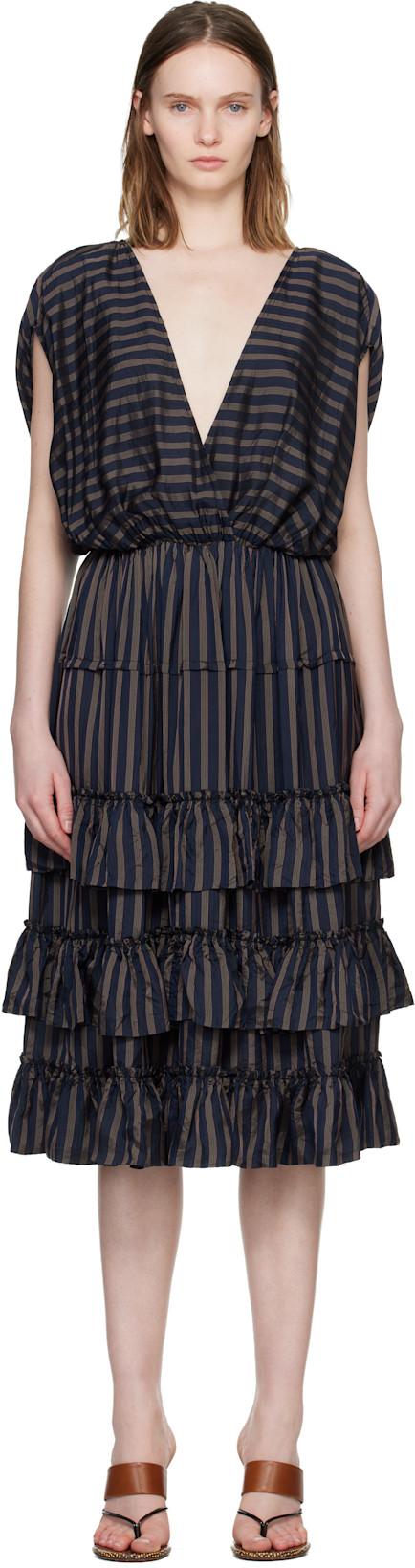 Navy Ruffled Midi Dress by DRIES VAN NOTEN
