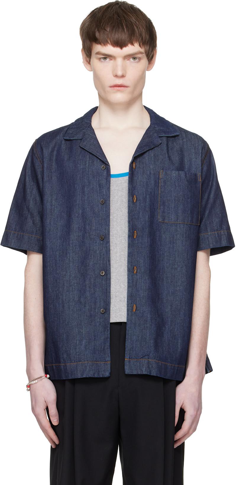 Navy Short-Sleeve Denim Shirt by DRIES VAN NOTEN