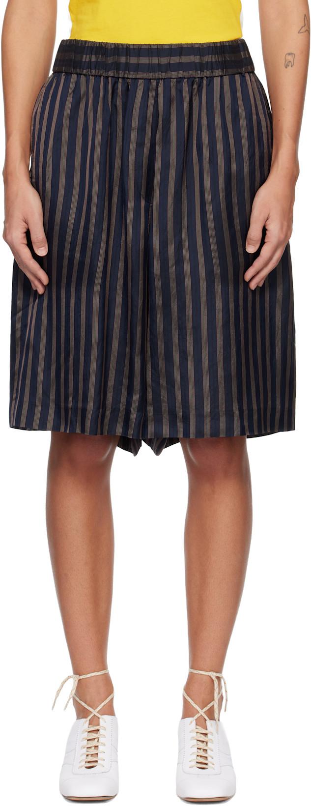 Navy Striped Satin Shorts by DRIES VAN NOTEN