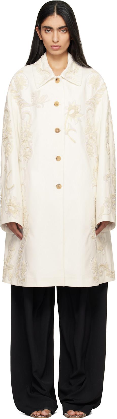 Off-White Embroidered A-Line Coat by DRIES VAN NOTEN
