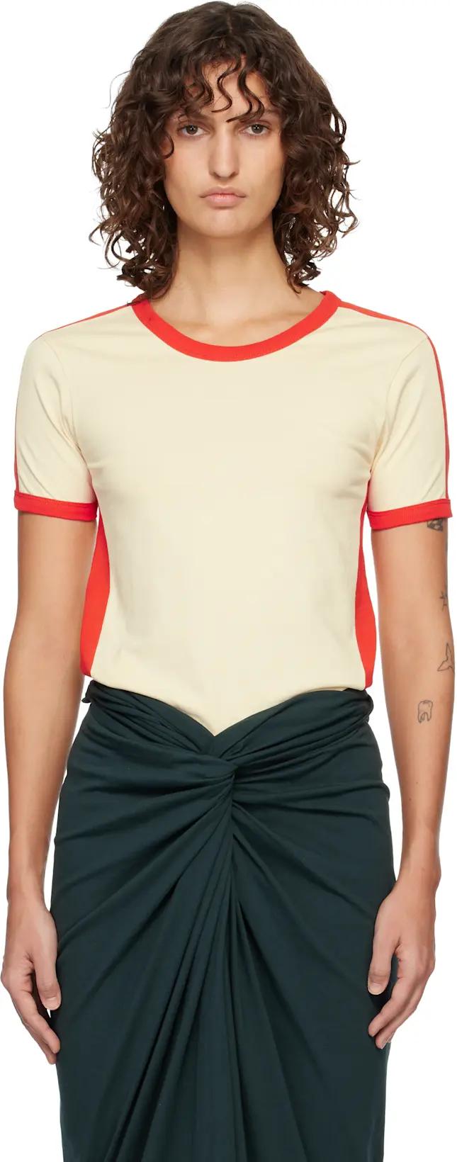 Off-White & Red Fitted Contrast T-shirt by DRIES VAN NOTEN