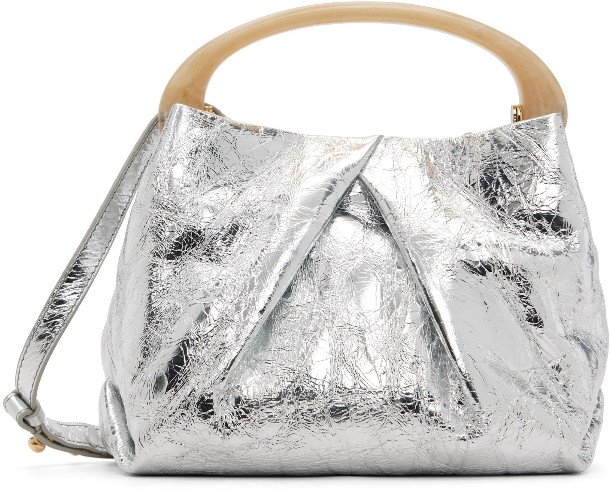Silver Small Pleated Leather Bag by DRIES VAN NOTEN