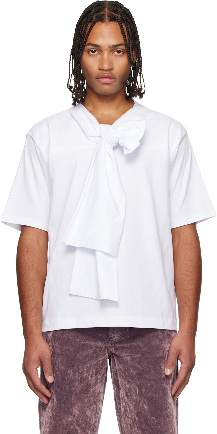 White Bow Neck Cotton T-shirt by DRIES VAN NOTEN