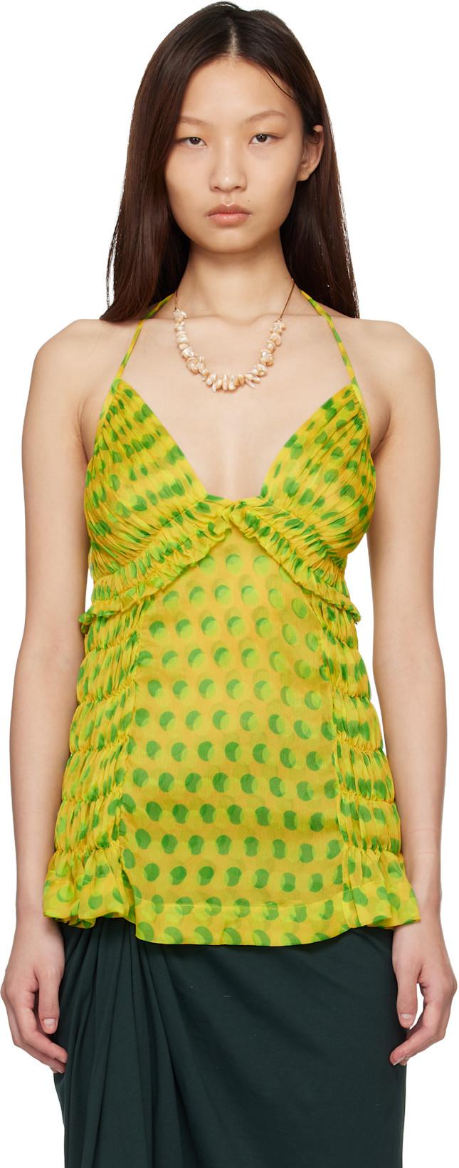 Yellow & Green Optical Polka Dot Silk Halter Top by DRIES VAN NOTEN
