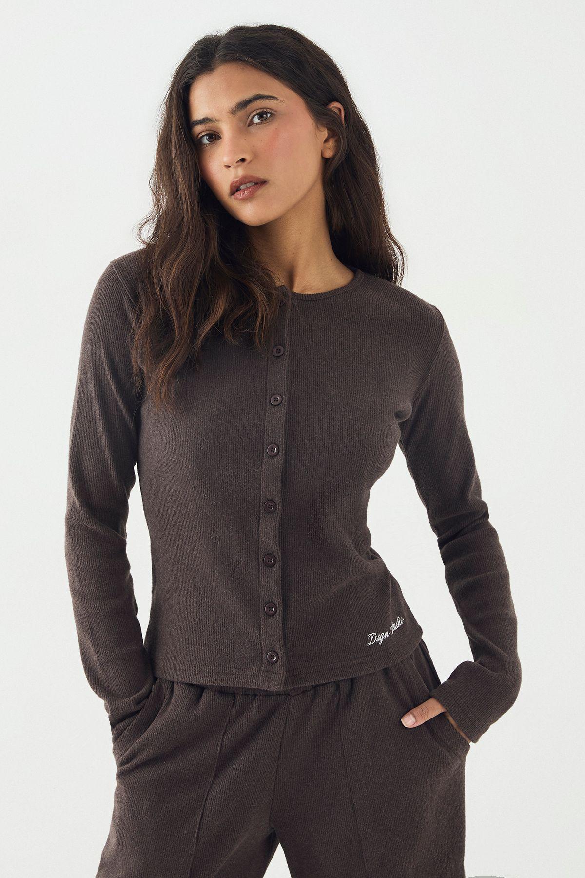 DSGN Studio Brushed Rib Button Through Long Sleeve Top by DSGN STUDIO