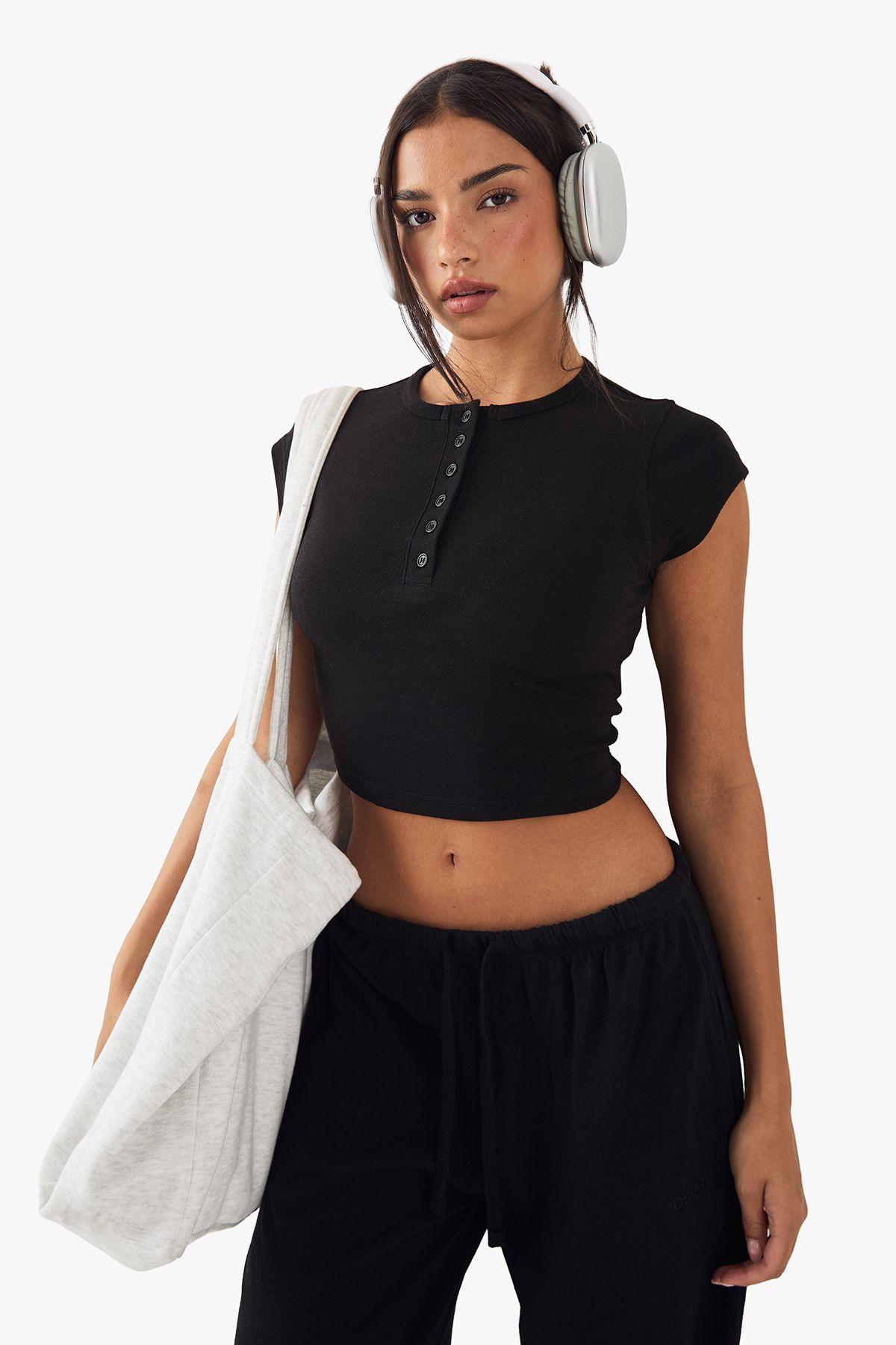 DSGN Studio Button Detail Embroidered Short Sleeve Top by DSGN STUDIO