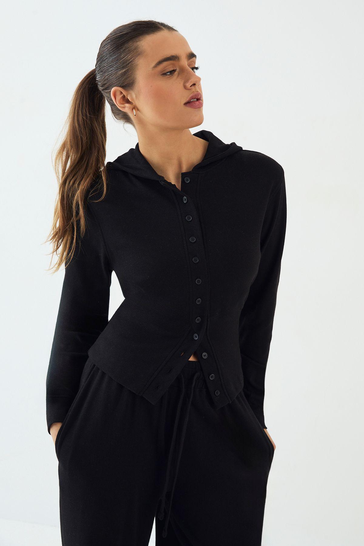 DSGN Studio Button Through Cinched Hooded Rib Top by DSGN STUDIO