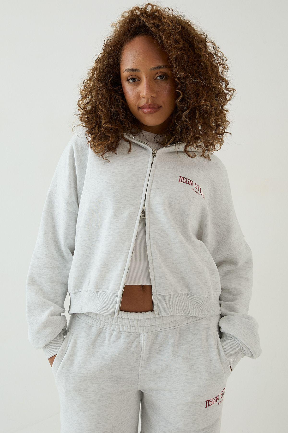 DSGN Studio Collegiate Printed Zip Through Boxy Hoodie by DSGN STUDIO