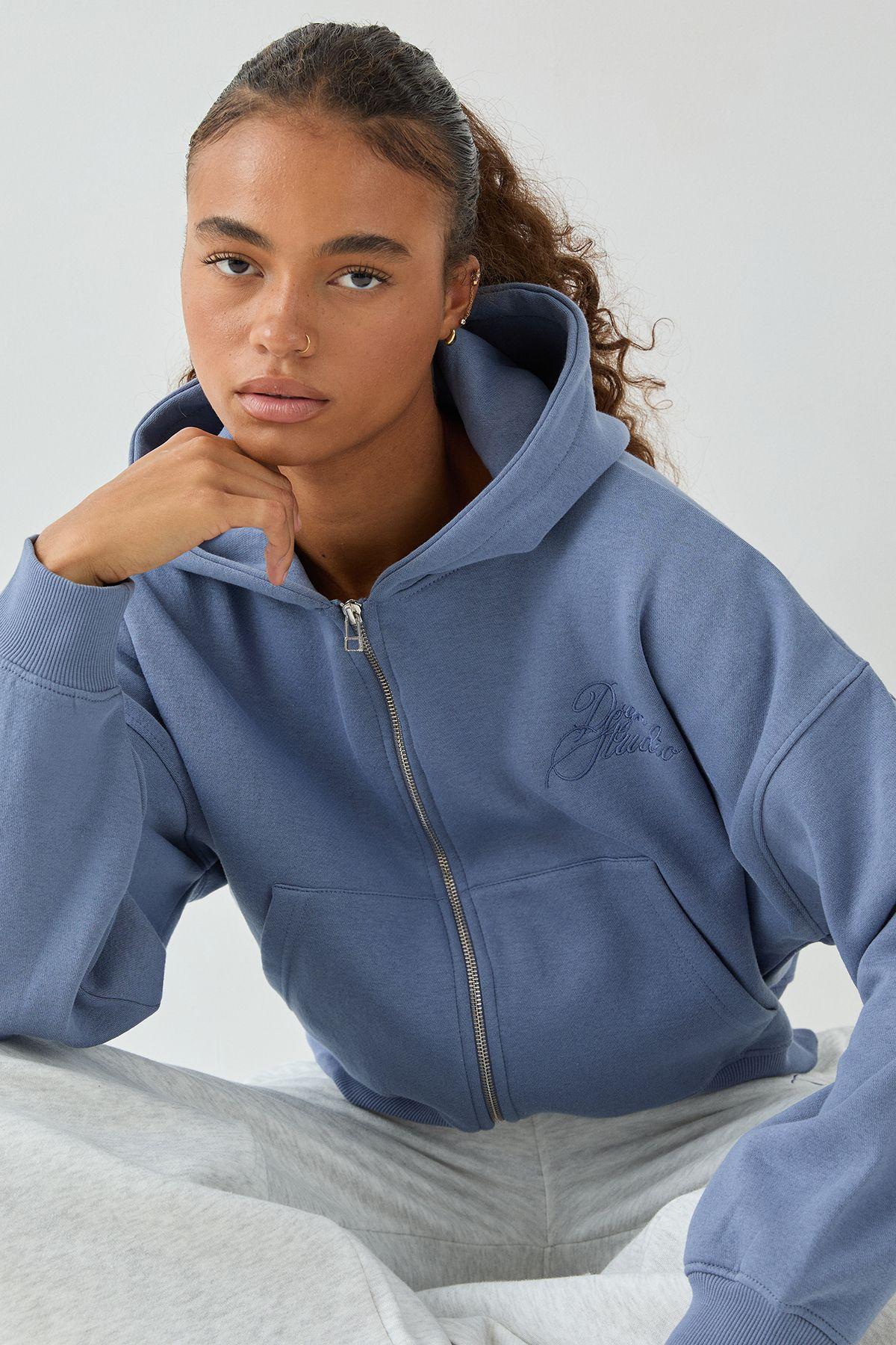 DSGN Studio Contrast Script Boxy Crop Zip Through Hoodie by DSGN STUDIO