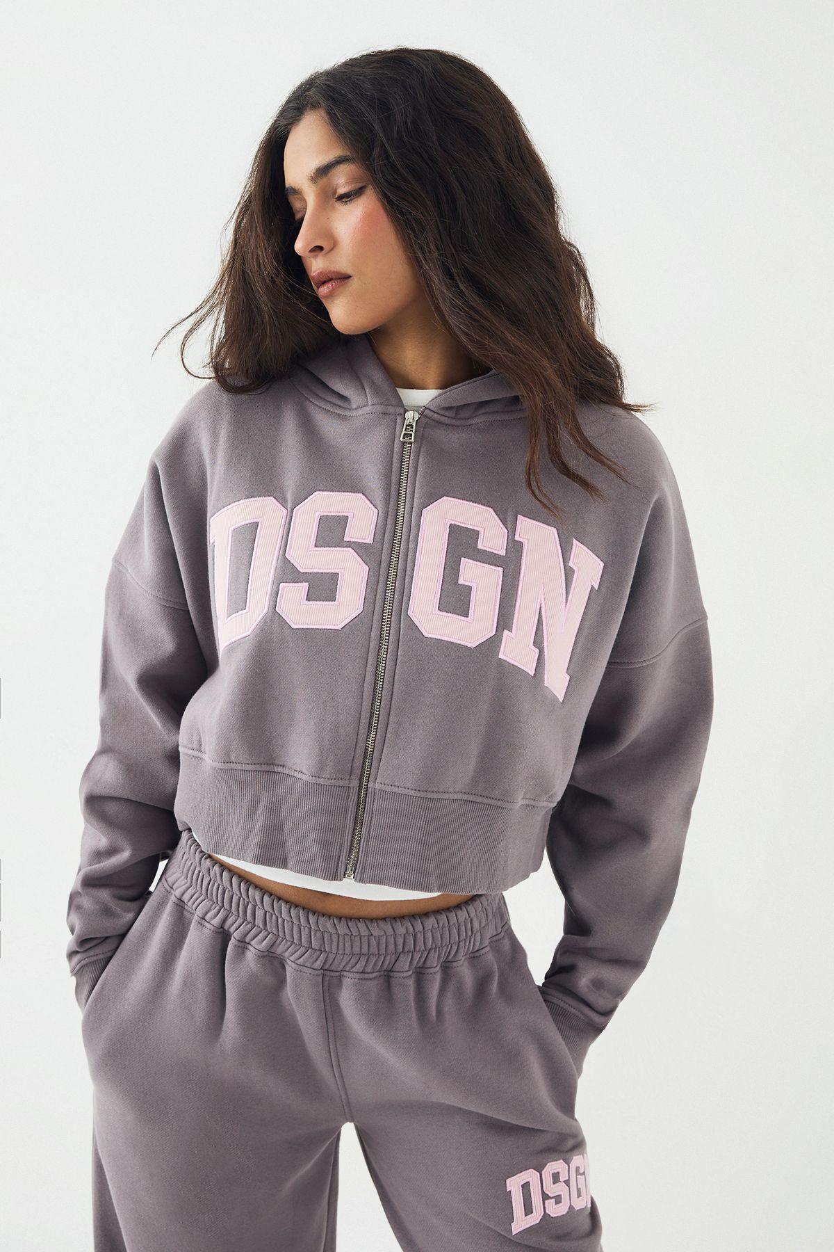 DSGN Studio Cord Applique Boxy Crop Zip Through Hoodie by DSGN STUDIO