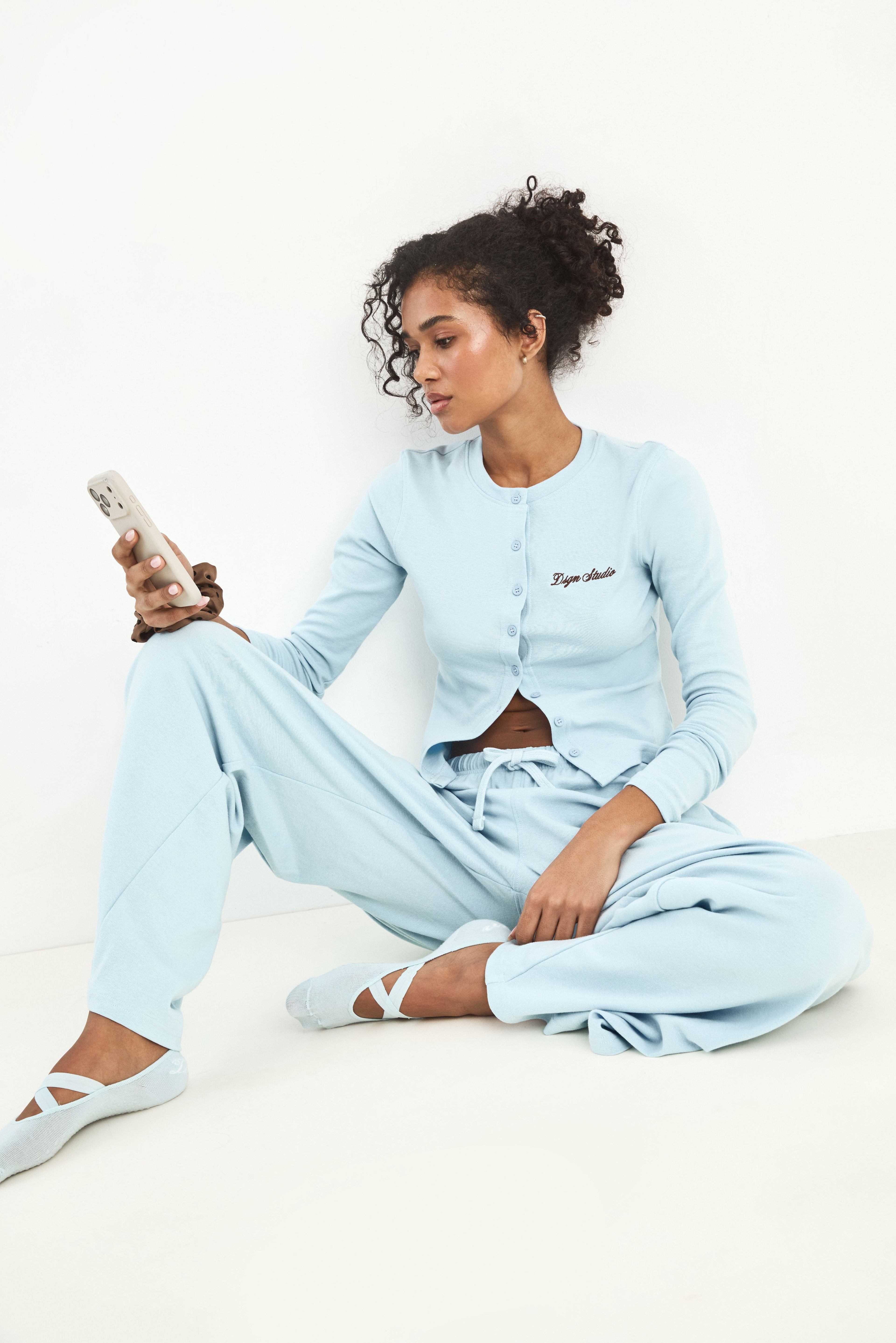 DSGN Studio Ribbed Script Embroidery Button Through Long Sleeve Top by DSGN STUDIO